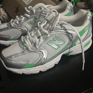 New Balance White & Silver Sneakers with Green Accents